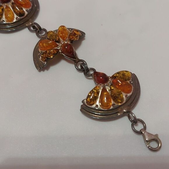 OOAK Vintage Rare Sterling Silver Multicolor Amber Citrus Orange Halves Bracelet - Picture 8 of 8